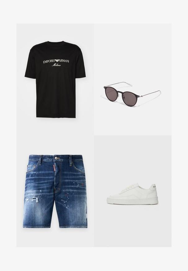 T-shirt de algodão preta com gola redonda, mangas curtas e o logo "EMPORIO ARMANI" em branco acima de "Milano" num design curvo.; Calças de algodão em denim com um tom de azul escuro, apresentando manchas de tinta, áreas desgastadas e um fecho de correr com um botão de metal.; Sapatilha de couro branco com acabamento suave, bico redondo, atacadores planos e uma sola texturizada. Apresenta um logotipo discreto no calcanhar.; Óculos de sol redondos pretos com lentes escuras e hastes metálicas finas. Inclui pontas de templo transparentes e detalhes em prata na dobradiça. Design minimalista.