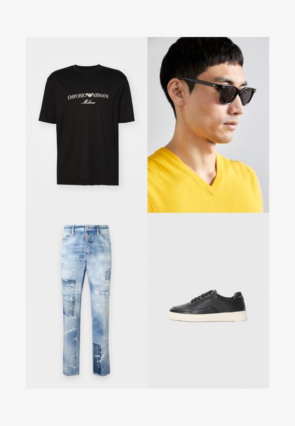 T-shirt de algodão preta com gola redonda, mangas curtas e o logo "EMPORIO ARMANI" em branco acima de "Milano" num design curvo.; Jeans de denim desgastados em azul claro com rasgos, design de perna reta e bainhas desfiadas. Apresenta acessórios metálicos e estilo padrão de cinco bolsos.; Sapatilha em couro preto com acabamento texturizado, biqueira redonda e sola plana de borracha branca. Apresenta atacadores pretos e uma marca na parte de trás.; Óculos de sol com armação preta e lentes escuras. Detalhes notáveis incluem pequenos acabamentos em dourado nas dobradiças e um formato retangular.