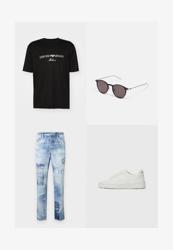 T-shirt en coton noir avec un col rond, des manches courtes et le logo "EMPORIO ARMANI" en blanc au-dessus de "Milano" dans un design incurvé.; Jeans en denim bleu clair usé avec des déchirures, coupe droite et ourlets effilochés. Comprend des éléments en métal et un style à cinq poches standard.; Baskets en cuir blanc avec une finition lisse, bout arrondi, lacets plats et semelle texturée. Présente un logo discret sur le talon.; Lunettes de soleil noires rondes avec verres sombres et branches en métal fines. Comprend des embouts transparents et des accents argentés au niveau de la charnière. Design minimaliste.