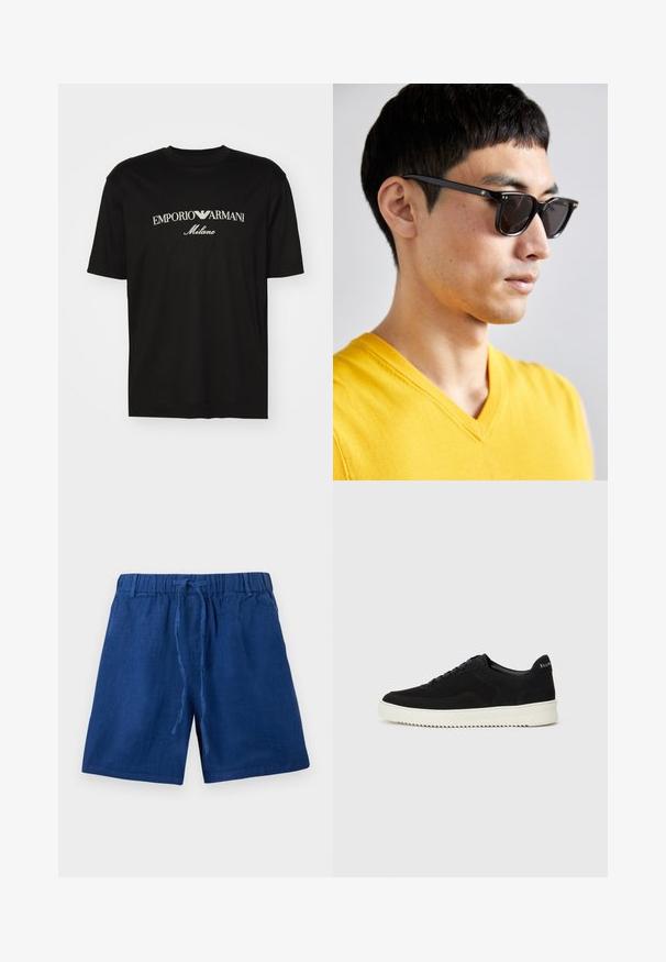Crna pamučna majica s okruglim izrezom, kratkim rukavima i bijelim logotipom "EMPORIO ARMANI" iznad riječi "Milano" u zakrivljenom dizajnu.; Plave ležerne kratke hlače s elastičnom trakom u struku i vezicom, izrađene od lagane tkanine.; Crne nubuk tenisice s vezanjem i kontrastnom bijelom gumenom potplatom. Imaju teksturirane bočne panele i suptilno brendiranje na peti.; Sunčane naočale s crnim okvirom i tamnim lećama. Istaknuti detalji uključuju male zlatne akcentne točke na šarkama i rektangularni oblik.