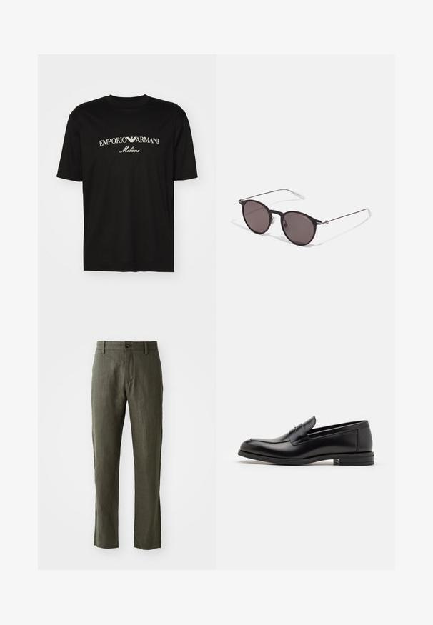 Musta puuvillapaita, jossa on pyöreä kaula-aukko, lyhyet hihat ja valkoinen "EMPORIO ARMANI" -logo, jonka yläpuolella on kaarevassa muodossa "Milano".; Oliivivihreät pellavahousut suoran leikkauksen kanssa, joissa on etupainike suljenta ja sivutaskut. Kankaalla on tekstuurinen ulkonäkö.; Mustat nahkakengät, joissa on sileä pinta, pyöreä kärki ja koristeellinen nauha jalkapöydän yli. Matala pinoitu koroke, minimalistinen muotoilu.; Musta pyöreä aurinkolasit tummilla linsseillä ja kapeilla metallikehyksillä. Sisältää kirkkaat temppelet ja hopeiset yksityiskohdat saranassa. Minimalistinen muotoilu.