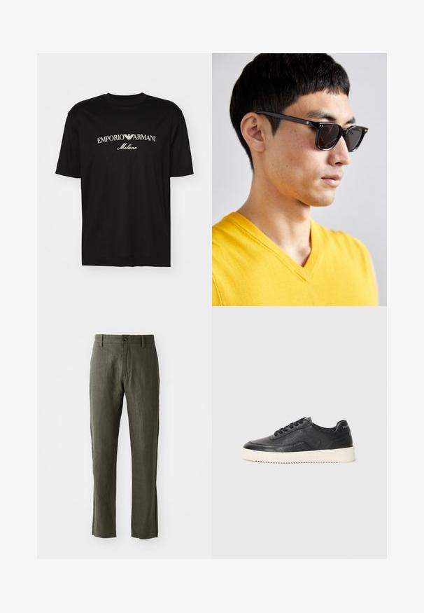 T-shirt de algodão preta com gola redonda, mangas curtas e o logo "EMPORIO ARMANI" em branco acima de "Milano" num design curvo.; Calças de linho verde oliva com corte reto, apresentando um fecho frontal com botão e bolsos laterais. O tecido tem uma aparência texturizada.; Sapatilha em couro preto com acabamento texturizado, biqueira redonda e sola plana de borracha branca. Apresenta atacadores pretos e uma marca na parte de trás.; Óculos de sol com armação preta e lentes escuras. Detalhes notáveis incluem pequenos acabamentos em dourado nas dobradiças e um formato retangular.