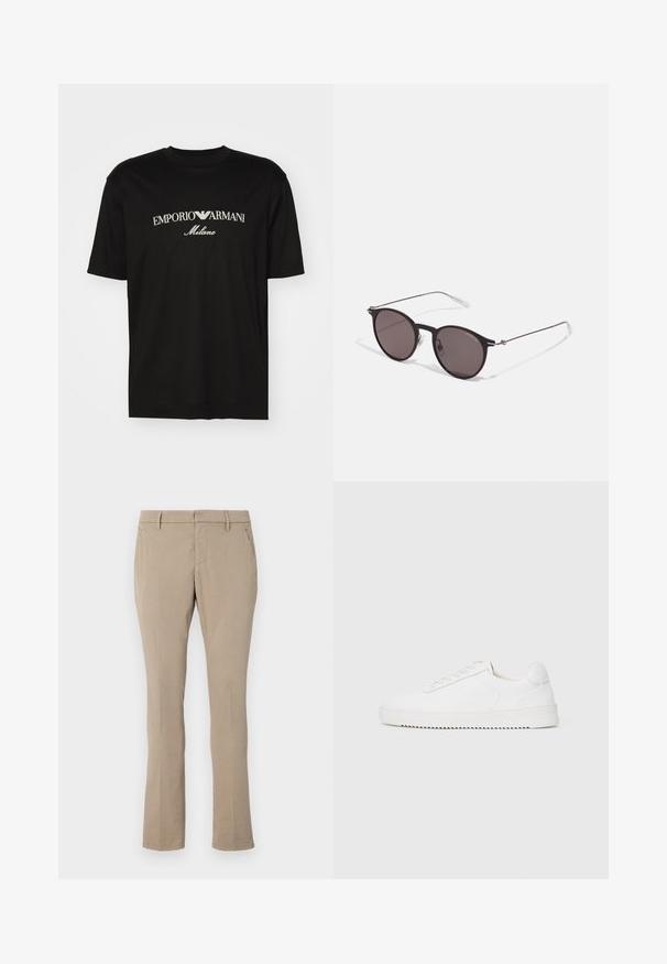 T-shirt en coton noir avec un col rond, des manches courtes et le logo "EMPORIO ARMANI" en blanc au-dessus de "Milano" dans un design incurvé.; Pantalons beige en mélange de coton, présentant une coupe slim, une jambe droite, des poches avant et une fermeture éclair avec bouton.; Sneaker blanc avec une tige en cuir lisse, bout rond, lacets, accents latéraux texturés et une épaisse semelle en caoutchouc. Design minimaliste.; Lunettes de soleil noires rondes avec verres sombres et branches en métal fines. Comprend des embouts transparents et des accents argentés au niveau de la charnière. Design minimaliste.