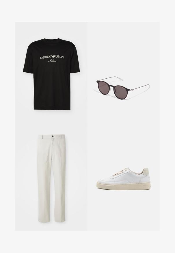 T-shirt en coton noir avec un col rond, des manches courtes et le logo "EMPORIO ARMANI" en blanc au-dessus de "Milano" dans un design incurvé.; Pantalons beiges à jambe droite avec passants de ceinture, bouton avant et fermeture éclair, présentés à plat sur un fond blanc.; Sneaker blanche avec un dessus en cuir lisse, des lacets beige et un onglet de talon en daim beige texturé. Semelle surélevée pour une hauteur supplémentaire.; Lunettes de soleil noires rondes avec verres sombres et branches en métal fines. Comprend des embouts transparents et des accents argentés au niveau de la charnière. Design minimaliste.