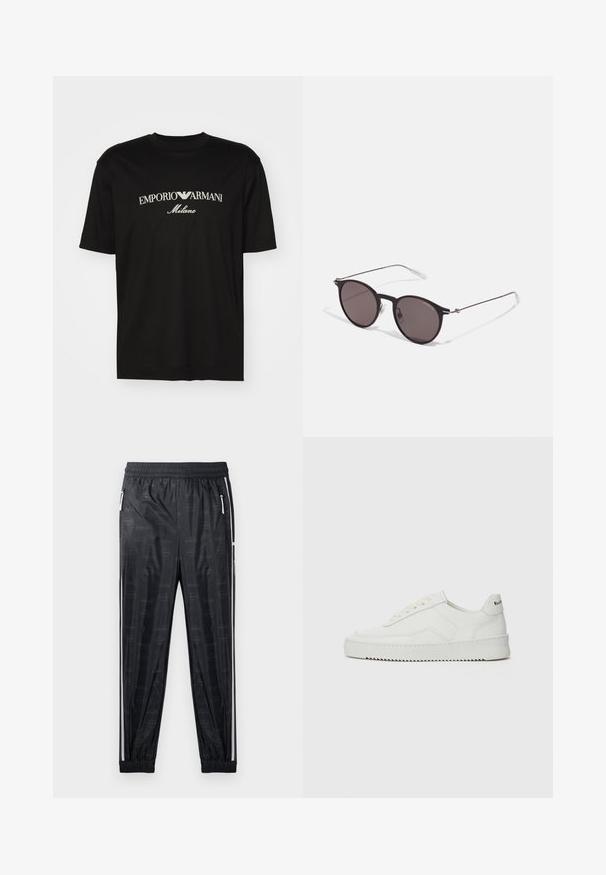 Čierne bavlnené tričko s okrúhlym výstrihom, krátkymi rukávmi a bielym logom "EMPORIO ARMANI" nad textom "Milano" v zakrivenej línii.; Čierne športové nohavice s lesklým povrchom, s jemným vzorom loga, elastickým pásom a bočnými zipsovými vreckami s bielymi akcentmi.; Biele kožené tenisky s hladkým povrchom, okrúly špičkový dizajn, ploché šnúrky a textúrovaná podrážka. Obsahujú jemné logo na päte.; Čierne okrúhle slnečné okuliare s tmavými sklami a tenkými kovovými ramenami. Obsahujú priehľadné konce rámov a strieborné akcenty na pántoch. Minimalistický dizajn.