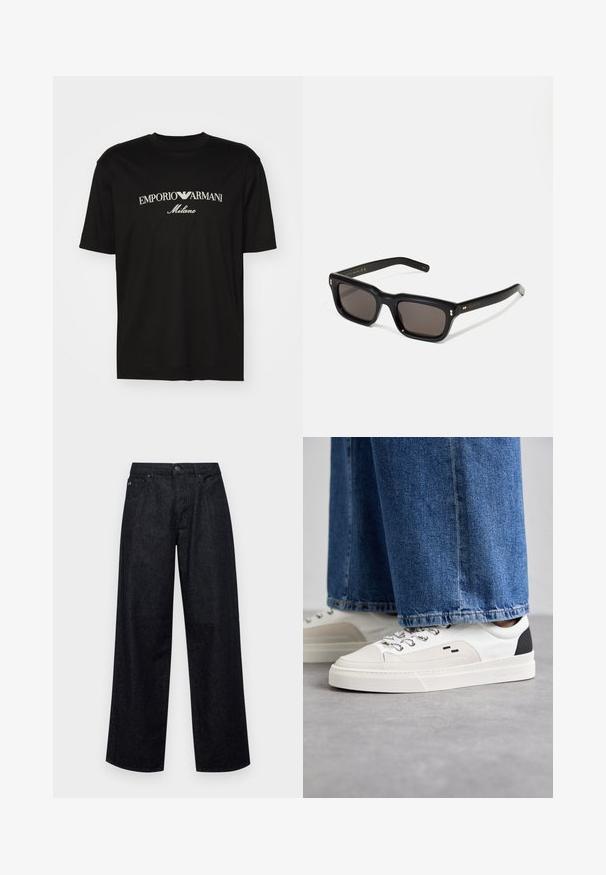 Črna bombažna majica s krožnim izrezom, kratkimi rokavi in logotipom "EMPORIO ARMANI" v beli barvi nad napisom "Milano" v ukrivljenem oblikovanju.; Temno modri široki kavbojke iz denima. Imajo zaponko, zanke za pas in sprednje žepke. Gladka tekstura z minimalnimi vidnimi šivi.; Bela in črna športna obuvala z gladkim usnjenim zgornjim delom, teksturiranimi detajli in masivnim belim podplatom. Imajo klasičen dizajn z vezalkami.; Črne pravokotne sončna očala s temnimi lečami, debelim plastičnim okvirjem, zlatimi detajli na templjih in izgravirano blagovno znamko na ročaju.