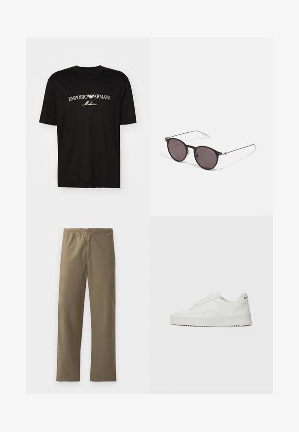 Svart bomulls T-skjorte med rund hals, korte ermer og "EMPORIO ARMANI" logo i hvitt over "Milano" i en buet design.; Kahki bukser laget av lett materiale. Har elastisk midjebånd, knappelukking, rette ben og en jevn tekstur.; Hvite lærersneakers med en jevn overflate, rund tå, flate lisser og en teksturert såle. Har en subtil logo på hælen.; Sorte, runde solbriller med mørke linser og slanke metalarmer. Inkluderer klare temple tips og sølvfargede detaljer ved hengslet. Minimalistisk design.