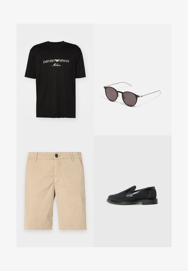 Svart bomulls T-skjorte med rund hals, korte ermer og "EMPORIO ARMANI" logo i hvitt over "Milano" i en buet design.; Kaki shorts laget av bomull. Har glidelås, knappelukking, frontlommer, sydd sømmer og flat foran design.; Sorte vevde slip-on sko med en glatt lærdetalj på overdelen, design med rund tå og en lavprofil gummisåle.; Sorte, runde solbriller med mørke linser og slanke metalarmer. Inkluderer klare temple tips og sølvfargede detaljer ved hengslet. Minimalistisk design.