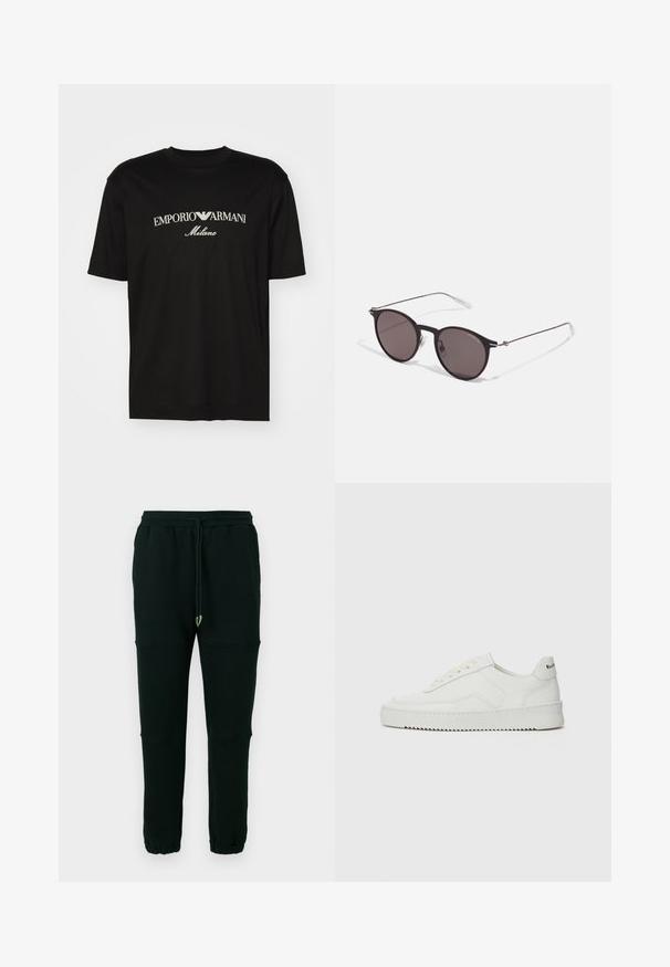 T-shirt de algodão preta com gola redonda, mangas curtas e o logo "EMPORIO ARMANI" em branco acima de "Milano" num design curvo.; Calças de fato pretas ajustadas com punhos elásticos, bolsos laterais, cintura com cordão e detalhes nas costuras dos joelhos, em fundo simples.; Sapatilha de couro branco com acabamento suave, bico redondo, atacadores planos e uma sola texturizada. Apresenta um logotipo discreto no calcanhar.; Óculos de sol redondos pretos com lentes escuras e hastes metálicas finas. Inclui pontas de templo transparentes e detalhes em prata na dobradiça. Design minimalista.