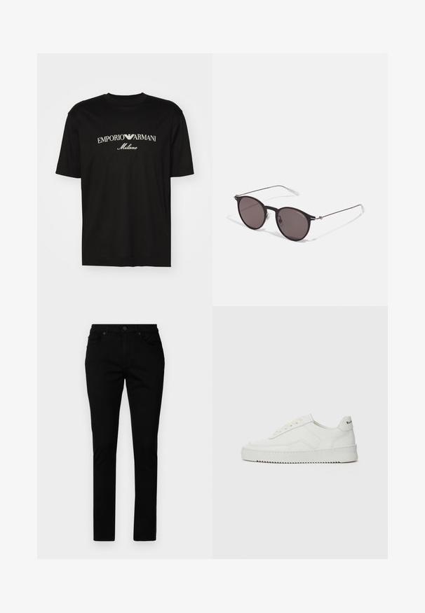 Czarny bawełniany T-shirt z okrągłym dekoltem, krótkimi rękawami oraz białym logo "EMPORIO ARMANI" nad napisem "Milano" w zakrzywionym kształcie.; Czarne dżinsy o slim fit, z klasycznym pięciokomorowym wzorem, zapięcie na guzik i minimalnym szczegółowym przeszyciem.; Białe skórzane sneakersy o gładkim wykończeniu, okrągłym nosku, płaskich sznurówkach i teksturowanej podeszwie. Charakteryzują się delikatnym logo na pięcie.; Czarne okrągłe okulary przeciwsłoneczne z ciemnymi soczewkami i smukłymi metalowymi ramkami. Zawierają przezroczyste końcówki zauszników oraz srebrne akcenty przy zawiasie. Minimalistyczny design.