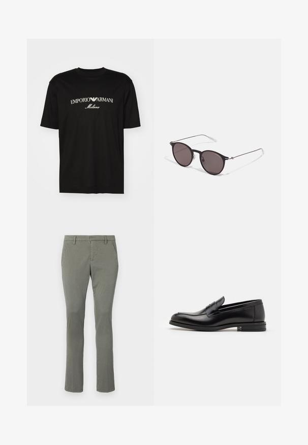 T-shirt in cotone nero con scollatura rotonda, maniche corte e logo "EMPORIO ARMANI" in bianco sopra "Milano" in una disposizione curva.; Chinos grigi con design a gamba dritta, dotati di due tasche laterali e una vita pulita. Realizzati in un tessuto leggero e liscio.; Mocassini neri in pelle con una texture liscia, punta arrotondata e una striscia decorativa sulla tomaia. Tacco basso impilato, design minimalista.; Occhiali da sole neri rotondi con lenti scure e sottili bracci in metallo. Include punte trasparenti e accenti argentati alla cerniera. Design minimalista.