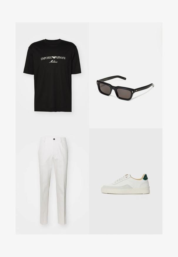 Svart bomulls T-skjorte med rund hals, korte ermer og "EMPORIO ARMANI" logo i hvitt over "Milano" i en buet design.; Hvite bukser laget av et glatt stoff med rett ben-snitt, med en enkelt svart knapp i midjen og sidelommer.; Hvit sneakers med semsket detaljer, rund tå, flate snøringer og en kremfarget gummisåle. Har grønn merking på hælen.; Sorte rektangulære solbriller med mørke linser, tykk plastikkramme, gullaccenter på skulderpartiet og merkevarelogo gravert på armen.