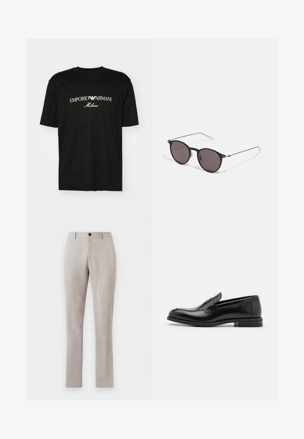 Sort bomulds T-shirt med rund halsudskæring, korte ærmer og "EMPORIO ARMANI" logo i hvid over "Milano" i et buet design.; Lys grå, skræddersyede bukser med en glat tekstur, der har en knaplukning og lige ben. Ingen synlige lommer eller mønstre.; Sorte læderloafers med en glat overflade, rund tå og en dekorativ strop over vampen. Lav hæl med stabeldesign, minimalistisk stil.; Sorte runde solbriller med mørke linser og slanke metalarme. Inkluderer klare tempeltips og sølvdetaljer ved hængslet. Minimalistisk design.