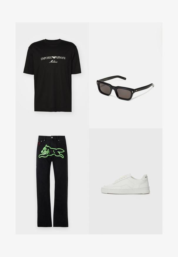Crna pamučna majica s okruglim izrezom, kratkim rukavima i bijelim logotipom "EMPORIO ARMANI" iznad riječi "Milano" u zakrivljenom dizajnu.; Crne traperice ravnog kroja, s velikim zelenim grafičkim prikazom trčeće crtane mačke na stražnjem dijelu. Srebrni dodaci.; Bijele kožne tenisice s glatkom površinom, okruglim vrhom, ravnim vezicama i teksturiranom potplatom. Imaju suptilan logo na peti.; Crne pravokutne sunčane naočale s tamnim lećama, debelim plastičnim okvirom, zlatnim akcentima na sljepoočnicama i logotipom marke ugraviranim na dršku.