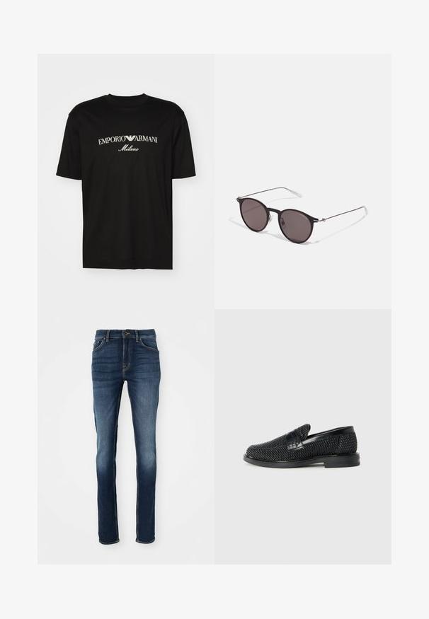 Črna bombažna majica s krožnim izrezom, kratkimi rokavi in logotipom "EMPORIO ARMANI" v beli barvi nad napisom "Milano" v ukrivljenem oblikovanju.; TemnoModre kavbojke z ožjim krojem, ki imajo pet žepov, zlatimi šivi in rahlo zbledelim sprednjim delom za sproščen videz.; Črne pletene zavezane čevlje s gladkim usnjenim poudarkom na zgornjem delu, okroglo zasnovo nosu in nizkoprofilsko gumijasto podplat.; Črne okrogla sončna očala s temnimi lečami in tankimi kovinskimi ročaji. Vključujejo prosojne konec ročajev in srebrne poudarke na tečaju. Minimalističen dizajn.