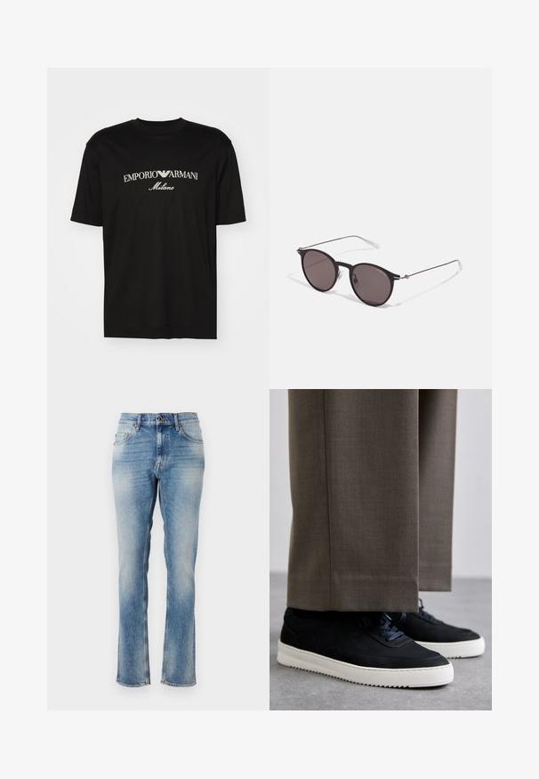 Črna bombažna majica s krožnim izrezom, kratkimi rokavi in logotipom "EMPORIO ARMANI" v beli barvi nad napisom "Milano" v ukrivljenem oblikovanju.; Svijetloplave traperice s ravnim krojem, sa suptilnim izblijedjenjem, pet džepova i šivenim detaljima na struku i rubovima.; Črne nubuk teniske z belimi gumijastimi podplati, ki imajo zaobljen nos in vezalke, oblečene z sivimi krojenimi hlačami.; Črne okrogla sončna očala s temnimi lečami in tankimi kovinskimi ročaji. Vključujejo prosojne konec ročajev in srebrne poudarke na tečaju. Minimalističen dizajn.