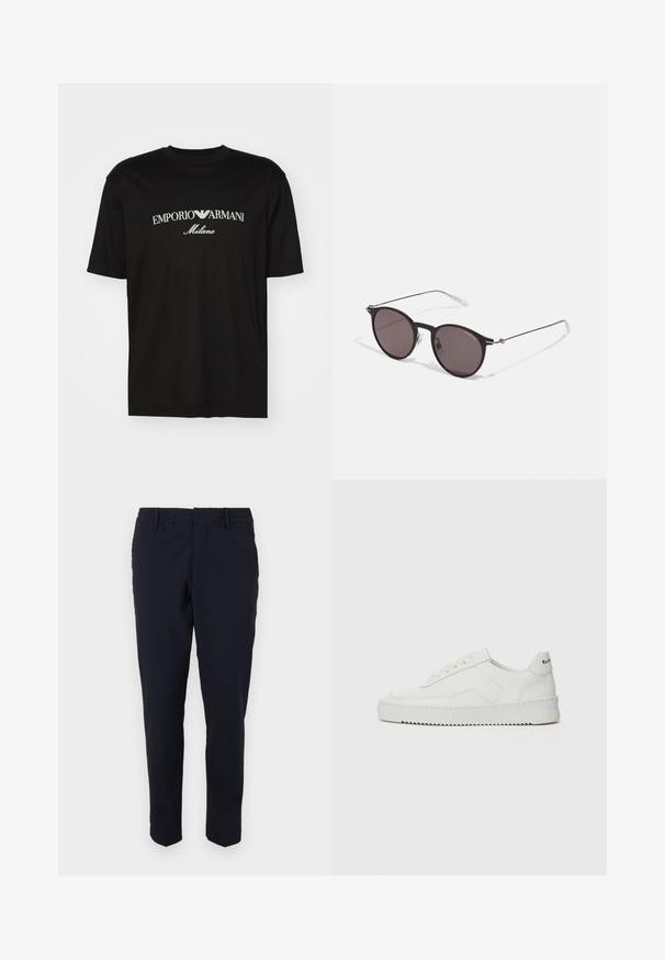 Czarny bawełniany T-shirt z okrągłym dekoltem, krótkimi rękawami oraz białym logo "EMPORIO ARMANI" nad napisem "Milano" w zakrzywionym kształcie.; Granatowe, tkane spodnie z elastycznym pasem, szczupłym krojem i zwężanymi nogawkami. Bez widocznych kieszeni ani elementów dodatkowych.; Białe skórzane sneakersy o gładkim wykończeniu, okrągłym nosku, płaskich sznurówkach i teksturowanej podeszwie. Charakteryzują się delikatnym logo na pięcie.; Czarne okrągłe okulary przeciwsłoneczne z ciemnymi soczewkami i smukłymi metalowymi ramkami. Zawierają przezroczyste końcówki zauszników oraz srebrne akcenty przy zawiasie. Minimalistyczny design.