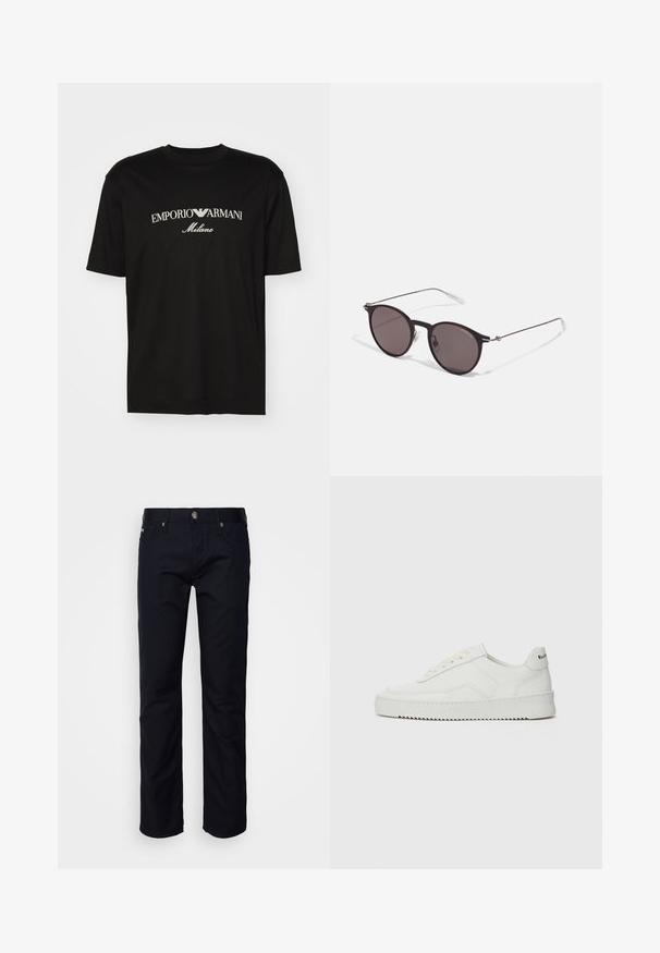 Camiseta de algodón negra con cuello redondo, mangas cortas y el logo de "EMPORIO ARMANI" en blanco sobre "Milano" en un diseño curvado.; Pantalones negros de corte recto, confeccionados en tejido liso. Incluyen bolsillos delanteros y traseros, cierre de botón y trabillas para cinturón.; Zapatilla de cuero blanca con un acabado suave, puntera redonda, cordones planos y suela texturizada. Cuenta con un sutil logo en el talón.; Gafas de sol redondas negras con lentes oscuros y brazos metálicos delgados. Incluye puntas de varilla transparentes y acentos plateados en la bisagra. Diseño minimalista.