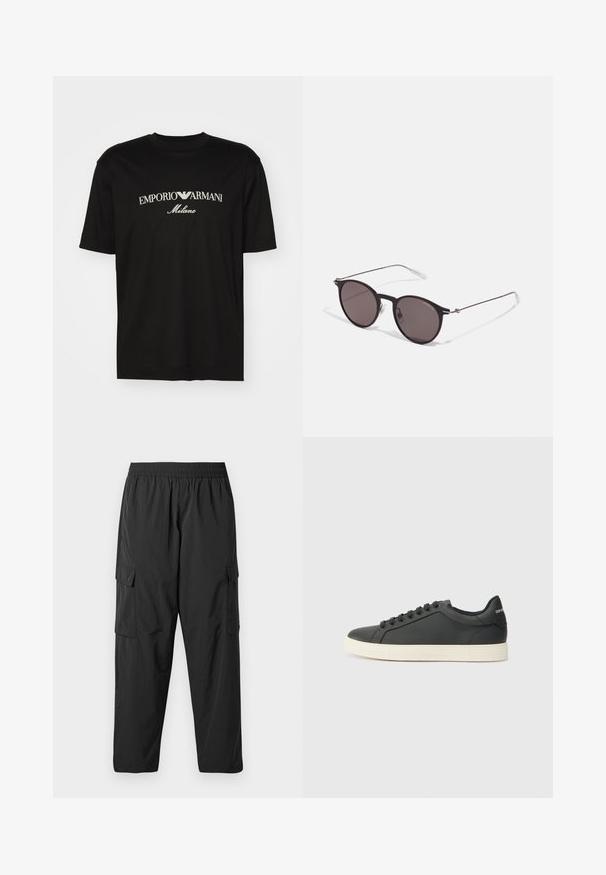 Black cotton T-shirt featuring a round neckline, short sleeves, and "EMPORIO ARMANI" logo in white above "Milano" in a curved design.; Black cargo pants made of lightweight fabric, featuring an elastic waistband, side cargo pockets, and a relaxed, straight-leg design.; Black leather sneaker with a low profile, rounded toe, and lace-up closure; features a textured rubber sole and logo detail on the heel.; Black round sunglasses with dark lenses and slim metal arms. Includes clear temple tips and silver accents at the hinge. Minimalist design.