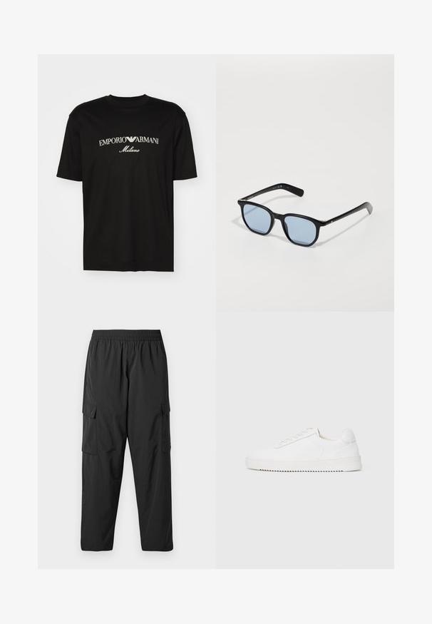 T-shirt de algodão preta com gola redonda, mangas curtas e o logo "EMPORIO ARMANI" em branco acima de "Milano" num design curvo.; Calças cargo pretas feitas de tecido leve, com um cós elástico, bolsos laterais e um design relaxado de pernas retas.; Sapatilha branca com um cabedal de couro suave, bico arredondado, atacadores, detalhes texturizados nas laterais e uma sola de borracha grossa. Design minimalista.; Óculos de sol pretos com armações retangulares, lentes azul claro e textura de plástico lisa. Apresenta hastes finas com um discreto detalhe do logótipo.