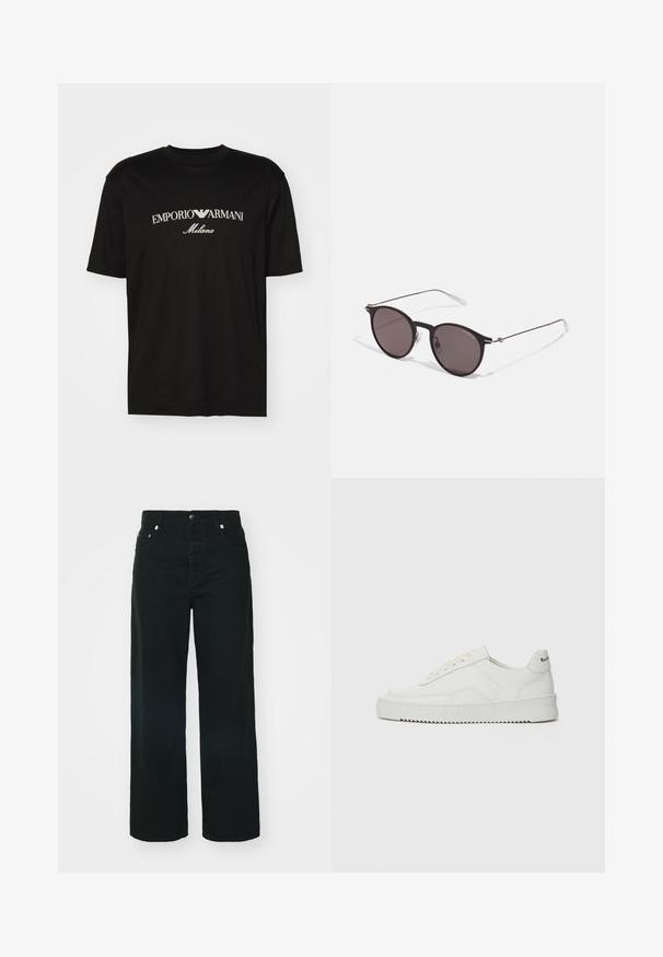 Black cotton T-shirt featuring a round neckline, short sleeves, and "EMPORIO ARMANI" logo in white above "Milano" in a curved design.; Black wide-leg denim pants with a high waist, featuring front pockets, a button closure, and subtle stitching details.; White leather sneaker with a smooth finish, round toe, flat laces, and a textured sole. Features a subtle logo on the heel.; Black round sunglasses with dark lenses and slim metal arms. Includes clear temple tips and silver accents at the hinge. Minimalist design.