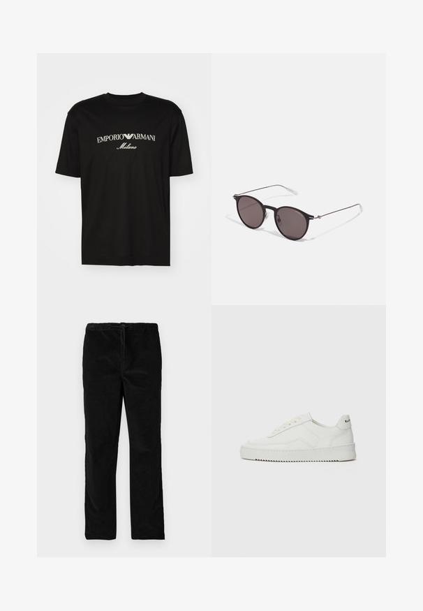 Czarny bawełniany T-shirt z okrągłym dekoltem, krótkimi rękawami oraz białym logo "EMPORIO ARMANI" nad napisem "Milano" w zakrzywionym kształcie.; Czarne, proste nogawki z welwetu, z elastycznym pasem i sznurkiem do regulacji, prezentowane na jednolitym białym tle.; Białe skórzane sneakersy o gładkim wykończeniu, okrągłym nosku, płaskich sznurówkach i teksturowanej podeszwie. Charakteryzują się delikatnym logo na pięcie.; Czarne okrągłe okulary przeciwsłoneczne z ciemnymi soczewkami i smukłymi metalowymi ramkami. Zawierają przezroczyste końcówki zauszników oraz srebrne akcenty przy zawiasie. Minimalistyczny design.