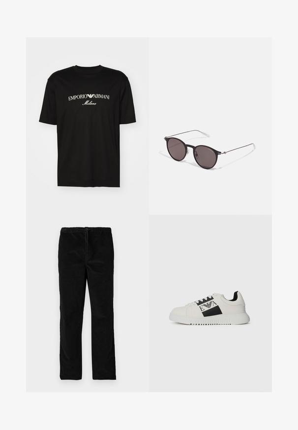 Sort bomulds T-shirt med rund halsudskæring, korte ærmer og "EMPORIO ARMANI" logo i hvid over "Milano" i et buet design.; Sorte lige ben i velour med elastisk talje og forreste snor, præsenteret mod en simpel hvid baggrund.; Hvide sneakers med et sort logo og detaljer, glat læderoverdel, rund tå, tekstureret sål og kontrastende sort hældetalje.; Sorte runde solbriller med mørke linser og slanke metalarme. Inkluderer klare tempeltips og sølvdetaljer ved hængslet. Minimalistisk design.