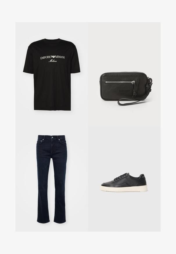 Camiseta de algodón negra con cuello redondo, mangas cortas y el logo de "EMPORIO ARMANI" en blanco sobre "Milano" en un diseño curvado.; Vaqueros de mezclilla de un azul oscuro, acampanados, con cierre de botón frontal, cinco bolsillos y líneas limpias con costuras sutiles.; Zapatillas de cuero negro con acabado texturizado, puntera redonda y suela de goma blanca plana. Presenta cordones negros y una marca en el talón.; Clutch de cuero negro con superficie texturizada, bolsillo delantero con cremallera y correa de muñeca desmontable. Presenta una etiqueta de logo en el frontal. Forma rectangular.
