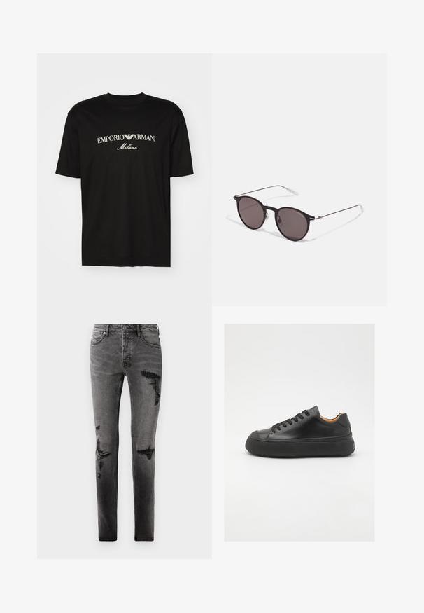 T-shirt de algodão preta com gola redonda, mangas curtas e o logo "EMPORIO ARMANI" em branco acima de "Milano" num design curvo.; Jeans de ganga pretos com detalhes rasgados, apresentando um ajuste slim, cinco bolsos e um fecho de zip clássico. Aparência desgastada com áreas desbotadas.; Sapatilha de couro preta com bico redondo, frente com atacadores, superfície lisa, sola de borracha grossa e interior em tom contrastante de castanho.; Óculos de sol redondos pretos com lentes escuras e hastes metálicas finas. Inclui pontas de templo transparentes e detalhes em prata na dobradiça. Design minimalista.