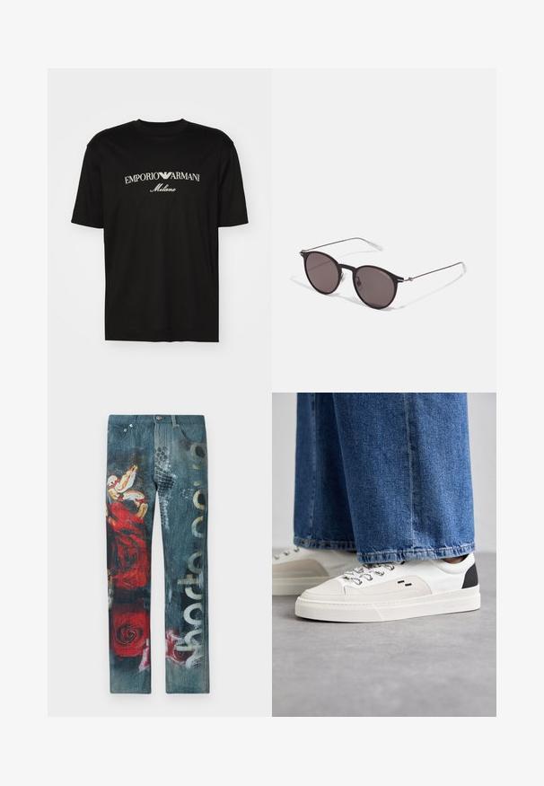 Black cotton T-shirt featuring a round neckline, short sleeves, and "EMPORIO ARMANI" logo in white above "Milano" in a curved design.; Denim jeans featuring a blue gradient with red rose graphics and snake patterns. Distressed texture and logo text printed on the side.; White and black sneakers with a smooth leather upper, textured accents, and a chunky white sole. Features a classic lace-up design.; Black round sunglasses with dark lenses and slim metal arms. Includes clear temple tips and silver accents at the hinge. Minimalist design.
