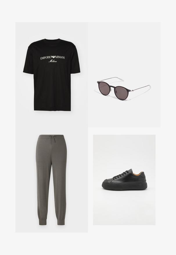 Musta puuvillapaita, jossa on pyöreä kaula-aukko, lyhyet hihat ja valkoinen "EMPORIO ARMANI" -logo, jonka yläpuolella on kaarevassa muodossa "Milano".; Harmaat jogginghousut, joissa on nyöri vyötäröllä, kapenevat lahkeet, pehmeä kankaan rakenne ja sileä, minimalistinen muotoilu.; Mustat nahkasneakerit, joissa on pyöreä kärki, nauhakiinnitys edessä, sileä pinta, paksu kumipohja ja kontrastoiva vaaleanruskea sisustus.; Musta pyöreä aurinkolasit tummilla linsseillä ja kapeilla metallikehyksillä. Sisältää kirkkaat temppelet ja hopeiset yksityiskohdat saranassa. Minimalistinen muotoilu.