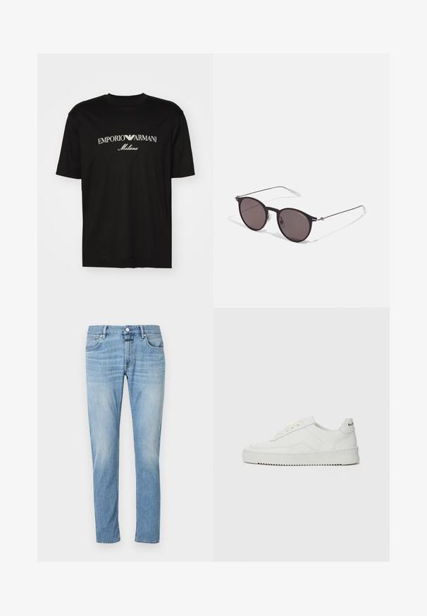 Czarny bawełniany T-shirt z okrągłym dekoltem, krótkimi rękawami oraz białym logo "EMPORIO ARMANI" nad napisem "Milano" w zakrzywionym kształcie.; Jasnoniebieskie dżinsy o prostym kroju, z pięcioma kieszeniami i widocznym przeszyciem. Materiał wydaje się miękki i ma wyblakłe wykończenie.; Białe skórzane sneakersy o gładkim wykończeniu, okrągłym nosku, płaskich sznurówkach i teksturowanej podeszwie. Charakteryzują się delikatnym logo na pięcie.; Czarne okrągłe okulary przeciwsłoneczne z ciemnymi soczewkami i smukłymi metalowymi ramkami. Zawierają przezroczyste końcówki zauszników oraz srebrne akcenty przy zawiasie. Minimalistyczny design.