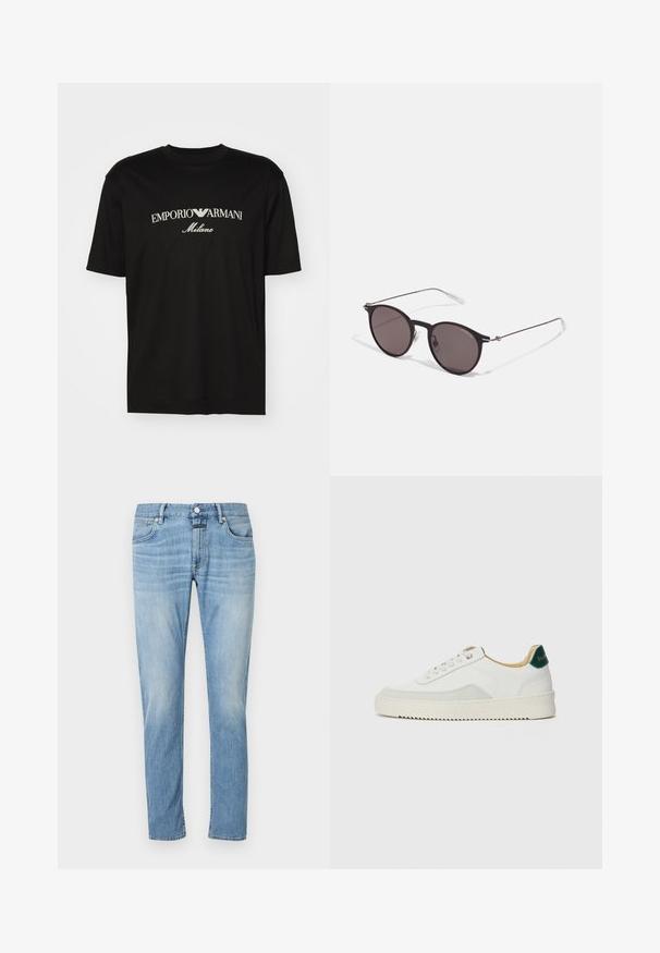 Schwarzes Baumwoll-T-Shirt mit Rundhalsausschnitt, kurzen Ärmeln und dem "EMPORIO ARMANI"-Logo in Weiß über dem geschwungenen Schriftzug "Milano".; Helle blaue Jeans mit geradem Bein, fünf Taschen und sichtbaren Nähten. Der Stoff wirkt weich mit einem verwaschenen Finish.; Weiße Sneaker mit Wildlederelementen, runder Zehenpartie, flachen Schnürsenkeln und einer cremefarbenen Gummisohle. Mit grünen Markenlogo am Fersenbereich.; Schwarze runde Sonnenbrille mit dunklen Gläsern und schlanken Metallbügeln. Enthält klare Tempelspitzen und silberne Akzente am Scharnier. Minimalistisches Design.