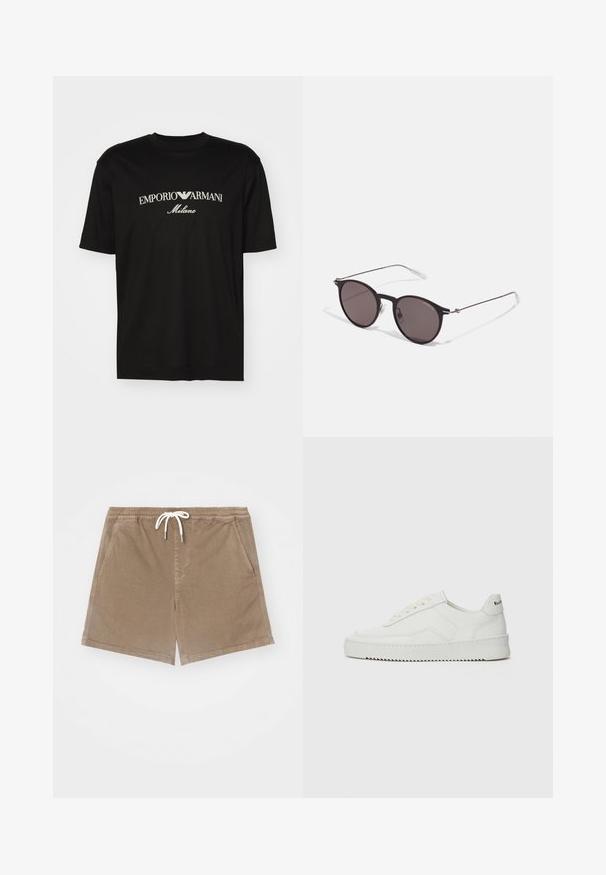 Svart bomulls T-skjorte med rund hals, korte ermer og "EMPORIO ARMANI" logo i hvitt over "Milano" i en buet design.; Brune bomullsshorts med elastisk midje og hvit snor, med to sidelommer og rett snittdesign.; Hvite lærersneakers med en jevn overflate, rund tå, flate lisser og en teksturert såle. Har en subtil logo på hælen.; Sorte, runde solbriller med mørke linser og slanke metalarmer. Inkluderer klare temple tips og sølvfargede detaljer ved hengslet. Minimalistisk design.