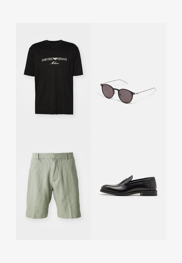 Schwarzes Baumwoll-T-Shirt mit Rundhalsausschnitt, kurzen Ärmeln und dem "EMPORIO ARMANI"-Logo in Weiß über dem geschwungenen Schriftzug "Milano".; Hellgrüne Leinen-Shorts mit lockerer Passform, elastischem Bund und zwei vorderen Taschen. Glatte Textur mit lässigem Design.; Schwarze Lederloafers mit glatter Textur, rundem Zehenbereich und einem dekorativen Riemen über dem Vorderfuß. Niedriger, gestapelter Absatz, minimalistisches Design.; Schwarze runde Sonnenbrille mit dunklen Gläsern und schlanken Metallbügeln. Enthält klare Tempelspitzen und silberne Akzente am Scharnier. Minimalistisches Design.