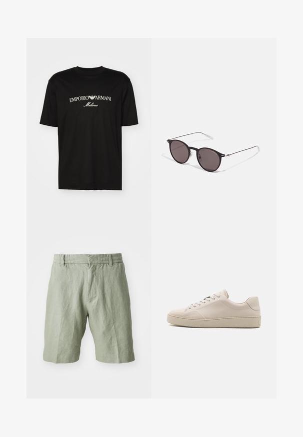 Black cotton T-shirt featuring a round neckline, short sleeves, and "EMPORIO ARMANI" logo in white above "Milano" in a curved design.; Light green linen shorts featuring a relaxed fit, elastic waistband, and two front pockets. Smooth texture with a casual design.; Beige leather sneakers with a smooth finish, rounded toe, flat sole, and classic lace-up design. Subtle stitching accents and textured outsole.; Black round sunglasses with dark lenses and slim metal arms. Includes clear temple tips and silver accents at the hinge. Minimalist design.