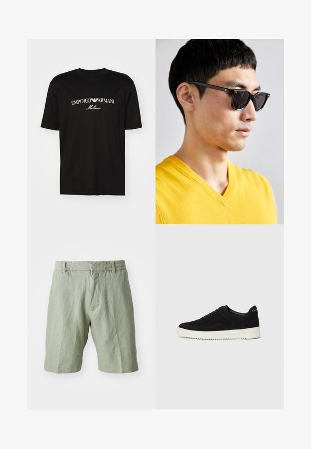 Sort bomulds T-shirt med rund halsudskæring, korte ærmer og "EMPORIO ARMANI" logo i hvid over "Milano" i et buet design.; Lys grønne linnedshorts med en afslappet pasform, elastisk talje og to frontlommer. Glat tekstur med et afslappet design.; Sort ruskinds sneaker med snørebånd og kontrasterende hvid gummisål. Har teksturerede sidepaneler og diskret branding på hælen.; Solbriller med sorte stel og mørke linser. Bemærkelsesværdige detaljer omfatter små guldfarvede accenter på hængslerne og en rektangulær form.