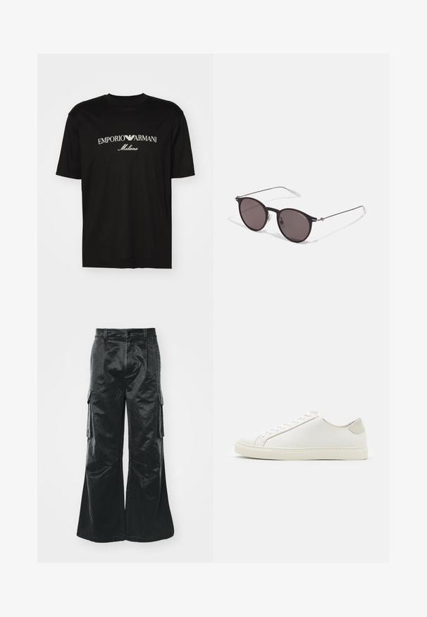 Černé bavlněné tričko s kulatým výstřihem, krátkými rukávy a logem "EMPORIO ARMANI" v bílém nad nápisem "Milano" v zakřiveném provedení.; Černé široké cargo kalhoty s lesklou texturou. Mají boční kapsy, zapínání na knoflík a prošité detaily podél švů.; Bílé kožené tenisky s hladkým povrchem, kulatou špičkou a minimalistickým designem. Disponují béžovými akcenty na patě a gumovou podešví.; Černé kulaté sluneční brýle s tmavými skly a tenkými kovovými nohami. Obsahují průhledné koncovky nožiček a stříbrné akcenty na pantu. Minimalistický design.
