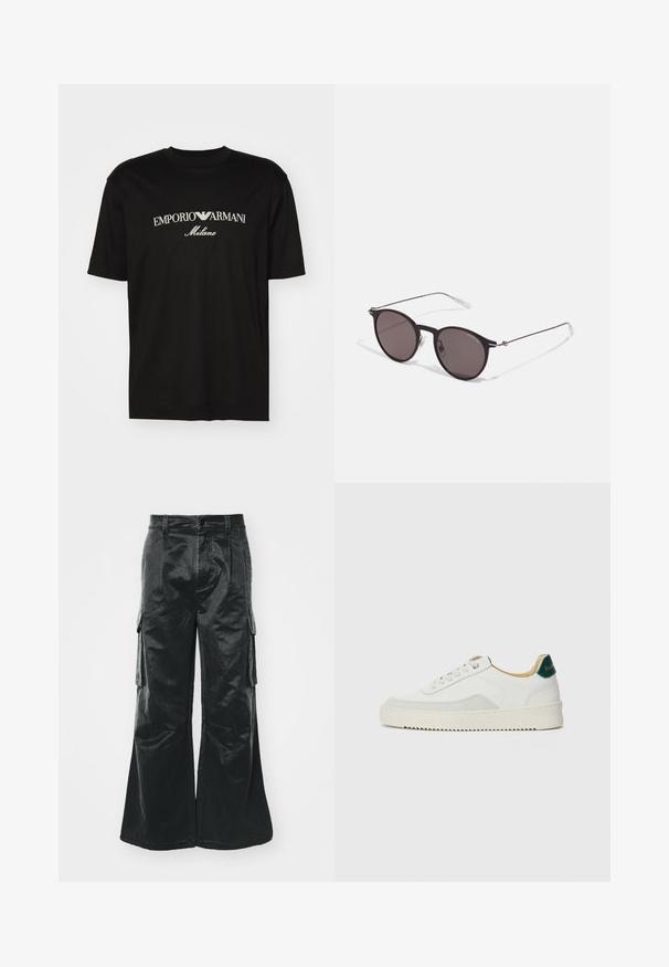 Black cotton T-shirt featuring a round neckline, short sleeves, and "EMPORIO ARMANI" logo in white above "Milano" in a curved design.; Black wide-leg cargo pants with a shiny texture. Features side pockets, a button closure, and stitched detailing along the seams.; White sneaker with suede accents, rounded toe, flat laces, and a cream rubber sole. Features green branding on the heel.; Black round sunglasses with dark lenses and slim metal arms. Includes clear temple tips and silver accents at the hinge. Minimalist design.