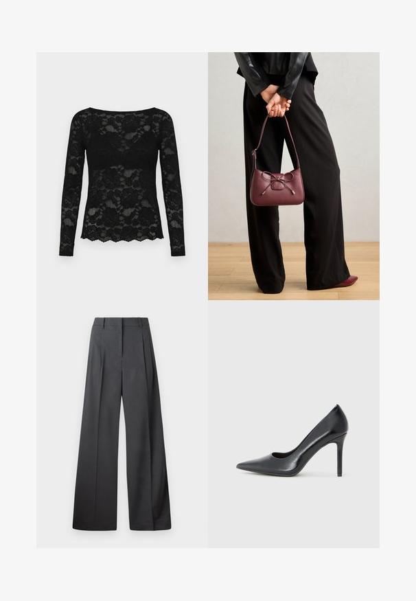Fekete csipke, hosszú ujjú felső virágmintával, kerek nyakkivágással és fodros szegéllyel. Áttetsző textúrája fokozza elegáns megjelenését.; Széles szárú nadrág sötétszürke anyagból, magas derekú, egyes redőkkel, sima textúrával és tiszta befejezéssel a szegélyeken.; Fekete lakkbőr magas sarkú cipő, hegyes orral és elegáns vonalakkal, vékony tűsarkúval és minimalista dizájnnal.; Burgundi bőr kézitáska masni részlettel, vékony pánttal és aranyszínű fém kiegészítőkkel, amelyet egy fekete nadrágot viselő személy tart.