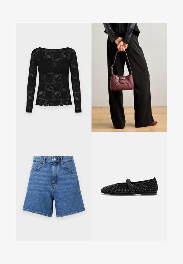 Musta pitsinen pitkähiha toppi, jossa on kukkakuosi, pyöreä kaula-aukko ja kauniisti kaareva helma. Läpinäkyvä materiaali lisää sen eleganttia ilmettä.; Farkkushortsit keskisinisessä sävyssä, joissa on korkea vyötärö, viisi taskua ja erottuva ommel. Kangas on sileä ja lahkeet ovat suorat.; Mustat tasapohjaiset kengät kohti, joissa on mustat niitit päällisessä ja rypytetty nauha jalkaholvin yli. Kumipohja.; Burgundy laukku nahkaa, jossa on nauhakiinnitys, ohut hihna ja kultasävyiset yksityiskohdat, jota henkilö pitää päällään mustissa housuissa.