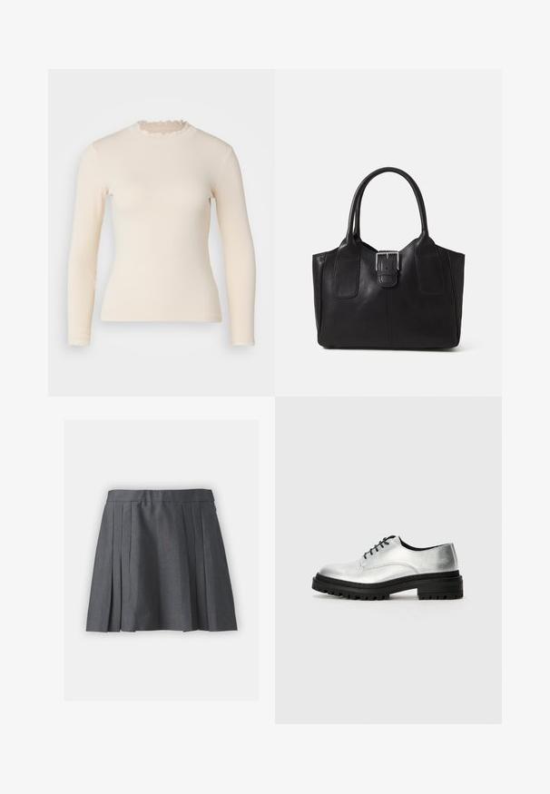 Camisola de malha canelada de mangas longas em bege claro, com um decote alto franzido e punhos. Textura suave com uma silhueta ajustada.; Saia cinza plissada feita de tecido texturizado, com uma cinta e fecho oculto. Apresenta pregas espaçadas uniformemente para um visual estruturado.; Sapatos oxford em couro prateado com ponta arredondada, sola de borracha preta e atacadores pretos. Apresenta um detalhe de costura mínima ao longo dos lados.; Bolsa tote de couro preta com textura suave, forma estruturada, duas alças e um destaque prateado proeminente na parte da frente.