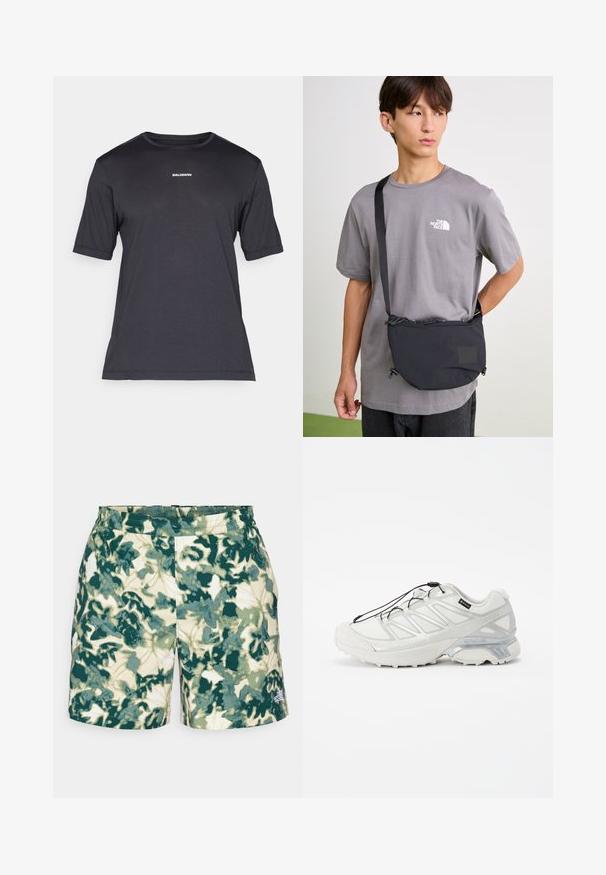 Fekete rövid ujjú teljesítmény póló lélegző anyagból, kerek nyakkivágással és apró fehér "SALOMON" logóval a mellen.; Zöld virágmintás rövidnadrág, vanília háttérrel, rugalmas derékkal és egy kis logóval a jobb alsó sarokban.; Fehér sportcipő strukturált hálós felsőrésszel, fényvisszaverő részletekkel és párnázott talppal. Rugalmas fűzőkkel és szürke díszítéssel rendelkezik.; Fekete nejlon keresztpántos táska állítható pánttal, húzózsinóros záródással és dombornyomott logóval. Szürke póló felett viselve.