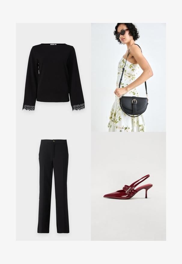 Bluză lungă cu mâneci negre, realizată dintr-un material moale, având un decolteu larg și dantelă la mansete. Design simplu, cu croială dreaptă.; Pantaloni negri cu design drept, confecționați dintr-un material fin. Include închidere cu nasture în față și buzunare laterale.; Pantofi cu toc slingback din piele roșie lacuită, cu vârf ascutit, două curele cu cataramă și un toc subțire, de înălțime medie. Textură netedă.; Geantă din piele neagră, cu o formă curbată, curea detașabilă și accesorii aurii. Geanta are un capac cu un detaliu tip cataramă.