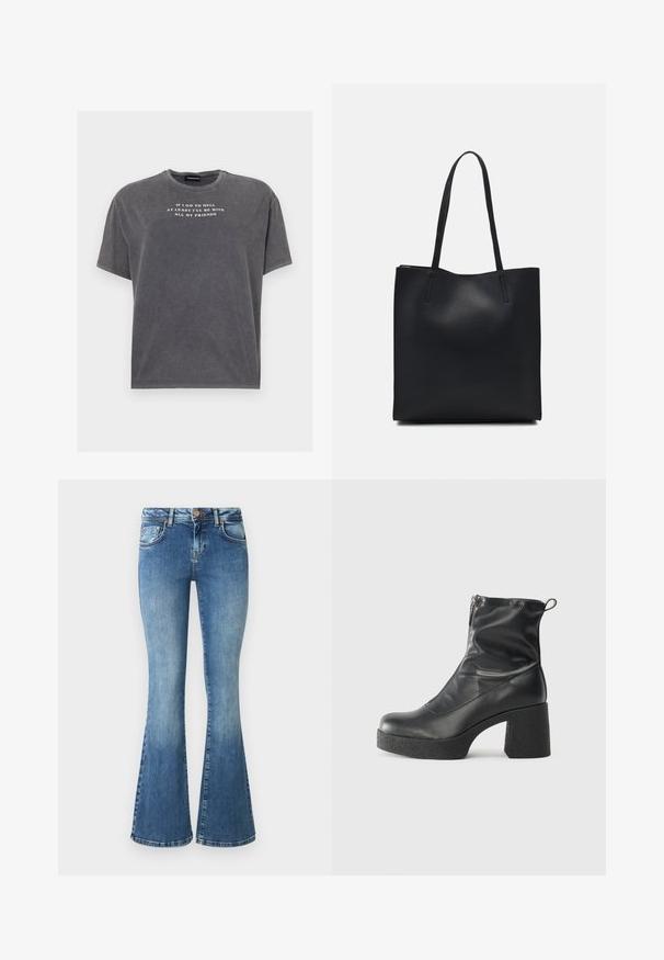 Even&Odd TONIA TEE - Potiskana majica - black; Se široke modre kavbojke iz jeansa s svetlim pranjem in bledanjem, petimi žepi in kontrastnim šivanjem. Rob je rahlo strgan.; Črne gležnjarje iz gladke kože z božnim zadrgo, masivnim teksturiranim peto in zaobljeno obliko prstov.; Črna usnjena torba s svilnato teksturo, pravokotne oblike in dvema dolgima ročajema. Brez vidnih metalnih delov ali okrasnih elementov.