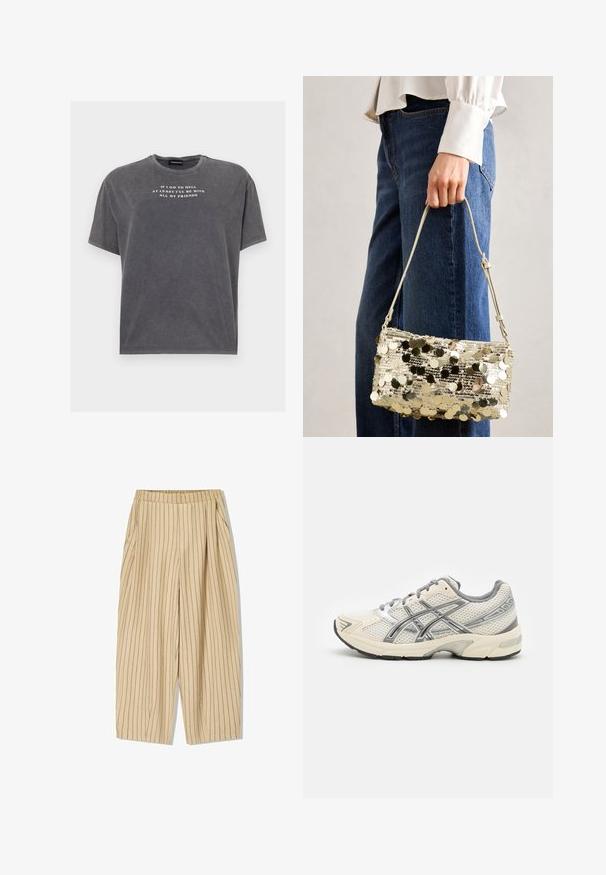 Even&Odd TONIA TEE - T-shirts print - black; Beige stribede bukser med elastisk talje, der har to sidelommer, en løs pasform og lodrette sorte striber som detaljer.; Løbesko med en åndbar hvid mesh-overdel, sølvdetaljer, grå snørebånd og en holdbar sort gummisål. Letvægts, polstret design.; Guld paillet håndtaske med rektangulær form, glat tekstur og en tynd rem. Pailletterne skaber en reflekterende overflade, der forbedrer udseendet.