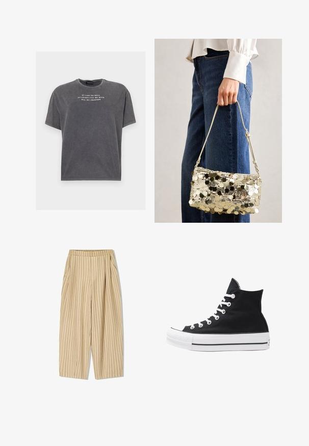 Even&Odd TONIA TEE - T-shirt con stampa - black; Pantaloni a righe beige con cintura elastica, dotati di due tasche laterali, vestibilità ampia e strisce verticali nere per i dettagli.; Sneaker alta nera in tela con occhielli e lacci bianchi e suola in gomma. Presenta un punta testurizzata e accenti a strisce bianche e nere.; Borsa a tracolla in sequins dorati con forma rettangolare, texture liscia e una tracolla sottile. I sequins creano una superficie riflettente, migliorando il suo aspetto.