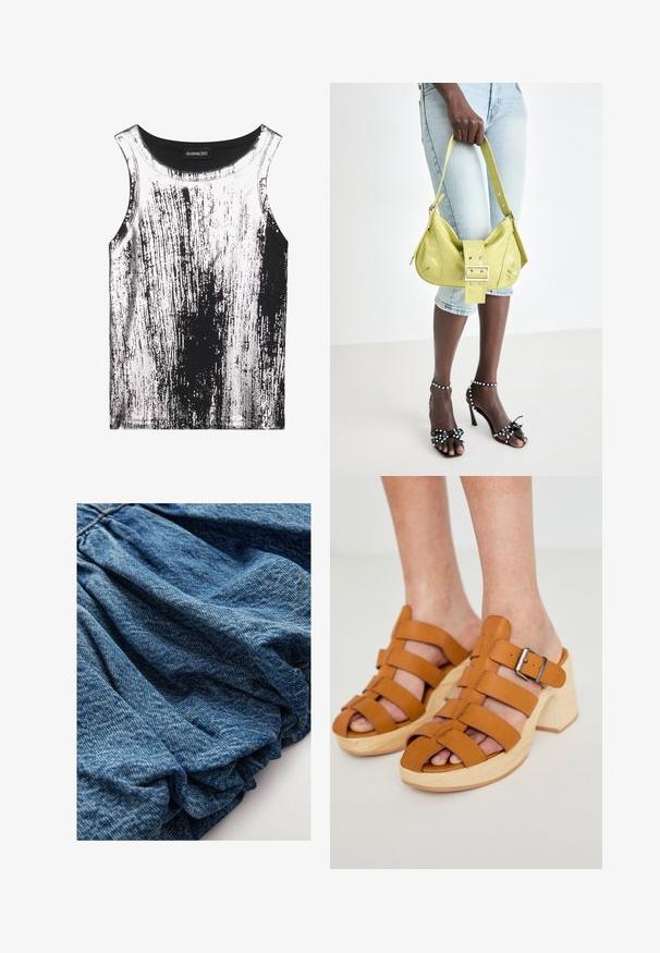 Černé a bílé tílko vyrobené z pružné látky, s pruhovaným vzorem a lesklými akcenty, kulatým výstřihem a bezrukávovým designem.; Denimová tkanina v tmavě modrém odstínu, s nařasenou texturou, která vytváří měkké záhyby. Hladký povrch s jemnými barevnými variacemi.; Kožené platformové sandály v barvě tan s otevřenou špičkou, se širokými vodorovnými pásky a kovovou sponou, usazené na světle hnědé dřevěné blokové podrážce.; Žlutá perforovaná kabelka s detaily přezky a nastavitelným popruhem, spárovaná s denimovými šortkami a černými sandály na vysokém podpatku s mašlemi.