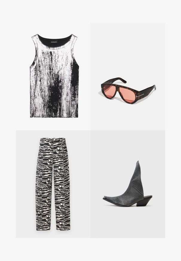 Svart och vit linne i stretchmaterial, med ett randigt mönster med glänsande detaljer, rund halsringning och ärmlös design.; Svartvita byxor med zebramönster och rak bendesign, med en knapp- och dragkedjestängning samt två framfickor.; Svarta klackmular med spetsig tå och ett texturerat ormskinnsmönster. Har en låg, triangulär klack och en slät, böjd översida.; Sköldpaddsmönstrade solglasögon med rosa linser, med en djärv vinkelrät design och tunna silverfärgade detaljer på bågarna.