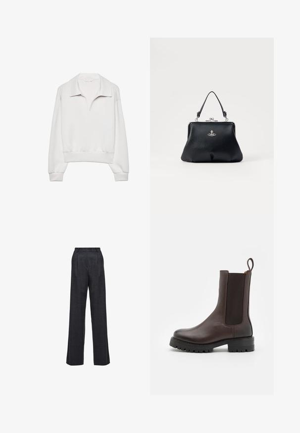 White pullover with a structured collar, long sleeves, and elastic cuffs. Made of soft fabric, featuring a relaxed fit and minimal design.; Wide-leg trousers in dark gray fabric, featuring a high waist, pleated front, and a smooth texture with no visible fasteners or embellishments.; Brown leather ankle boot featuring elastic side panels, a pull tab, and a chunky sole with a tread pattern. Smooth finish and robust design.; Black leather handbag with a textured surface, silver hardware, clasp closure, and a short handle for carrying. Compact and structured design.
